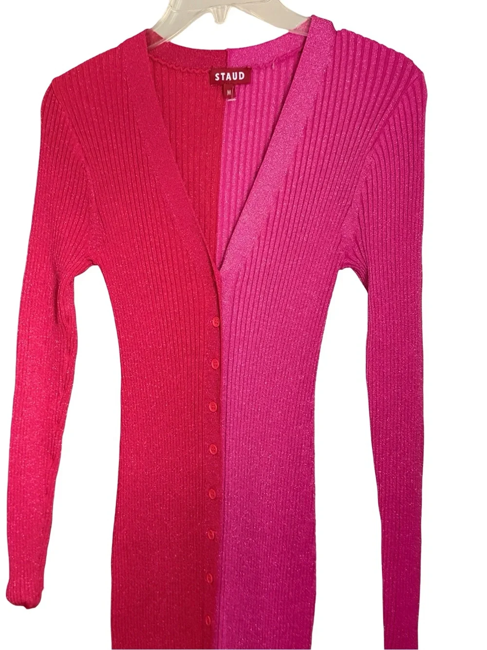 NWOT STAUD Colorblock Rib-Knit Button-Down Metalic  Dress - Pink & Red - Picture 5 of 10